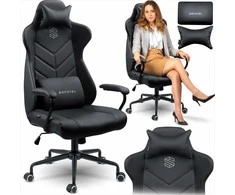 Ergonomiška biuro kėdė, reguliuojamo aukščio, supimo funkcija, juosmens ir galvos atramos, juoda vadovo kėdė