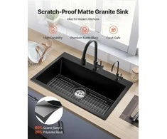 Granito virtuvės plautuvė, įleidžiama, juoda matinė, 838 mm, su priedais - granito kriauklė, praustuvas