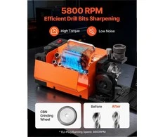 Grąžtų galąstuvas dirbtuvėms ir garažams, su 95°-135° reguliuojamu kampu ir 4600RPM dideliu greičiu, 3-15mm grąžtų šlifuoklis, galandimo staklės, metalo grąžtų priežiūra