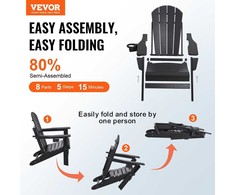 HDPE Adirondack kėdžių komplektas (2 vnt.), sulankstomos lauko terasos kėdės, visoms oro sąlygoms atsparios juodos Adirondack kėdės sodui, paplūdimiui, laužavietei