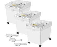 Ingredientų dėžė 40 l, miltų laikymo dėžės su ratukais, PP, 3 vnt. rinkinys, balta, su samteliu ir stumdomu dangčiu, komercinės, maisto produktų laikymo talpos