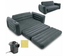 Intex Veliūrinė pripučiama sofa-lova 2-in-1, su elektrine pompa, patogūs svetainės baldai, pilka sofa-lova