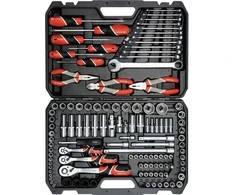 Įrankių rinkinys 129 dalių, su lizdais, veržliarakčiais ir replėmis, mechaniko įrankių rinkinys, lizdų rinkinys