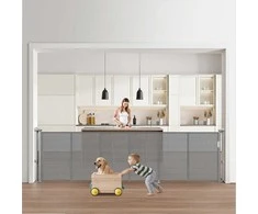 Ištraukiami apsauginiai varteliai vaikams ir augintiniams, 870 mm aukščio, išsitempia iki 2800 mm pločio, tinkliniai saugos varteliai vidaus laiptams, durims, koridoriams, pilki, apsauginė tvorelė