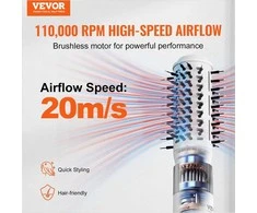 Joninis plaukų džiovintuvas-šepetys, 110 000 RPM, 4 temperatūros ir 3 greičiai, ovali ir plokščia galvutės, neigiamų jonų keraminė technologija, plaukų tiesintuvas