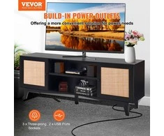 Juodas TV staliukas 75" TV, ratano spintelė, komoda su rozete, TV konsolė, media centras
