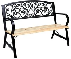 Juodo metalo ir ketaus sodo suoliukas su mediniu sėdynės pagrindu, 120 cm, lauko baldai, parkui, terasai
