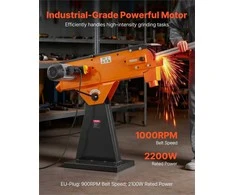 Juostinis šlifuoklis profesionaliam medžio ir metalo apdirbimui, 2100W 900RPM pramoninis, reguliuojamas kampas 0-45°, šlifavimo staklės su dulkių surinkimo jungtimi, metalo šlifavimo įranga