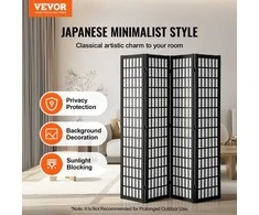 Kambario pertvara, japoniško stiliaus, 4 plokščių ekranas, juoda privatumo uždanga