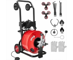 Kanalizacijos valymo mašina 100mm–200mm vamzdžiams, automatinio padavimo gyvatukas, nešiojamas įrenginys su ratais, 30m trosas, vamzdžių atkimšimo įranga