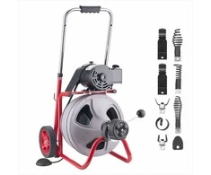 Kanalizacijos valymo mašina, automatinio padavimo gyvatukas su ratais, nešiojamas su 8 pjovikliais ir kojiniu jungikliu 50mm-100mm vamzdžiams, drenažo valymo įrenginys, vamzdžių atkimšimo įrankis