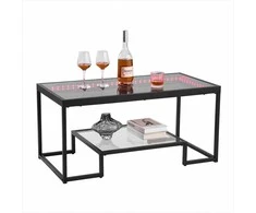 Kavos staliukas, modernus grūdinto stiklo su apšvietimu, 2 lygių stačiakampis stiklinis centrinis stalas, minimalistinis metalinis akcentinis staliukas svetainei ir biurui, lengvas surinkimas, stilingas baldas