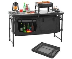 Kempingo virtuvės stalas, sulankstomas, nešiojamas, reguliuojamas maisto gaminimo stotis su saugykla, juodas kempingo stalas, lauko maisto gaminimo stalas