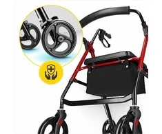 4Fizjo Keturratis vaikščiojimo rėmas su sėdyne ir krepšiu, raudonas judėjimo pagalbininkas, lengvas vaikščiojimo rėmas senjorams, reguliuojamo aukščio vaikščiojimo rėmas