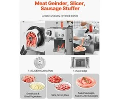 Komercinė elektrinė mėsmalė, 1100W didelio našumo mėsmalė, dešrų kimšimo aparatas virtuvei, restoranui, 6.35 kg/min, nerūdijančio plieno mėsmalė