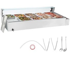 VEVOR Komercinis elektrinis maisto šildytuvas, 10 x 8 litrų talpos, nerūdijančio plieno bufeto serveris, su stiklo apsauga, viešbučiams, kavinėms, vakarėliams