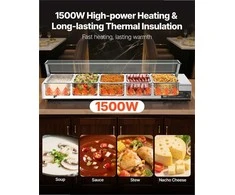 Komercinis maisto šildytuvas maitinimui ir restoranams, 1500W elektrinis nerūdijančio plieno garų šildytuvas su stikliniu gaubtu, stalviršio bufeto marmitas su penkiais indais, maisto šildymo stotelė
