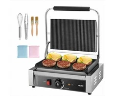 Komercinis paninis grilis 2200W, elektrinis sumuštinių keptuvas, nerūdijančio plieno presas, 34x23 cm rifliuota emaliuota plokštė, temperatūros reguliavimas, profesionalus kontaktinis grilis