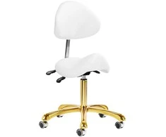 Kosmetologinė kėdė, reguliuojamo aukščio, su atlošu, grožio salonams, ergonomiška kėdė, balta ir auksinė kėdė