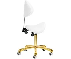 Kosmetologinė kėdė, reguliuojamo aukščio, su atlošu, grožio salonams, ergonomiška kėdė, balta ir auksinė kėdė