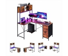 L formos žaidimų stalas su LED apšvietimu, apverčiamas kampinis kompiuterio stalas namų biurui, PC žaidimų stalas su maitinimo lizdais ir stalčiais, darbo stalas