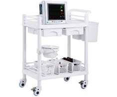 Laboratorijos vežimėlis, 2 lygių mobilus riedantis vežimėlis su stalčiais ir ratukais klinikoms, ligoninėms, salonams, 2 stalčių medicininis vežimėlis su šiukšliadėžėmis