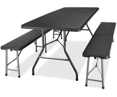 Lauko baldų komplektas Pinti lauko baldai, 180 cm stalas, 2 suolai, juodi, valgomojo komplektas, sodo baldų komplektas, terasos baldai