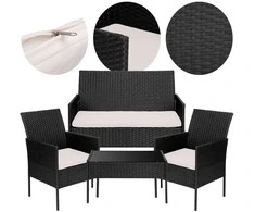 Lauko baldų komplektas Technoratano sodo baldų komplektas, juodas ir smėlio, su pagalvėlėmis, dviguba sofa, foteliai ir stalas, lauko valgomojo komplektas, terasos baldai
