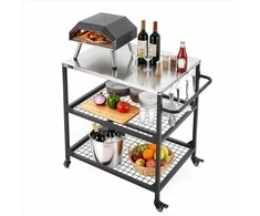 Lauko kepsninės vežimėlis, 800 x 610 mm nerūdijančio plieno stalviršis, su tinklinėmis lentynomis ir ratukais, BBQ paruošimo stalas terasai ir sodui, kepimo stalas, virtuvės vežimėlis