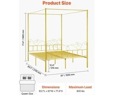 Vevor Lovos rėmas su baldakimu 160x200, metalinė lova su galvūgaliu, moderni lova su užuolaidomis, dvigulė lova 160 cm, auksinė lova