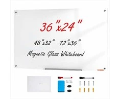 Magnetinė stiklinė lenta, sauso valymo lenta 900 x 600 mm, berėmė sieninė stiklo lenta su padėklu ir žymekliais, stiklinė rašymo lenta biurui ir klasei, magnetinė balta lenta