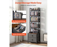 Medijos laikymo spintelė, 4 lentynų DVD lentynų organizatorius su stalčiais, 40 x 30 x 143.5 cm, multimedijos saugykla CD, DVD diskams, knygoms ir žaidimams, CD spintelė svetainei ir namų biurui, medinė lentyna