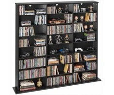 Medijos laikymo spintelė, 8 aukštų DVD lentynų organizatorius CD, DVD diskams, knygoms ir žaidimams, reguliuojamos lentynos, stabilus dizainas, juodas multimedijos laikymo stovas