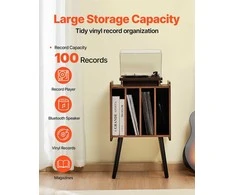 Medinis plokštelių grotuvo stovas, 2 pakopų vinilinių plokštelių laikymo spintelė, talpina 100 plokštelių, rudos spalvos patefono lentyna, vinilinių plokštelių ekspozicinė spintelė (Ekspozicinė prekė)