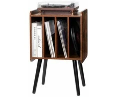 Medinis plokštelių grotuvo stovas, 2 pakopų vinilinių plokštelių laikymo spintelė, talpina 100 plokštelių, rudos spalvos patefono lentyna, vinilinių plokštelių ekspozicinė spintelė (Ekspozicinė prekė)