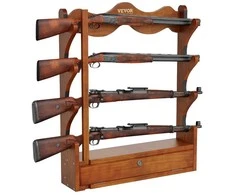 Medinis šautuvų laikiklis, sieninis, 4 vietos, šviesiai raudonas, spyna, ginklų saugykla, medinis ginklų stovas, šautuvams