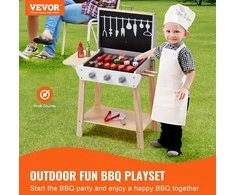 Medinis vaikiškas BBQ grilio žaidimų rinkinys su žaisliniais maisto priedais, edukacinis žaislas vaikams, apsimestinis žaidimų grilis, medinis grilio rinkinys mažyliams