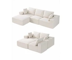 Modulinė sekcijinė sofa, L formos su gulimąja dalimi, velvetu aptraukta sofa svetainei, minkšta sofa su aukšto atšokimo kempine, smėlio spalvos, kampinė sofa poilsiui