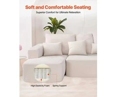 Modulinė sekcijinė sofa, L formos su gulimąja dalimi, velvetu aptraukta sofa svetainei, minkšta sofa su aukšto atšokimo kempine, smėlio spalvos, kampinė sofa poilsiui