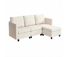 Modulinė sekcijinė sofa svetainei ir miegamajam, su paslėpta dėtuve ir aukšto atšokimo kempine, 3 vietų minkštas kampas, balkšva sofa su pufu