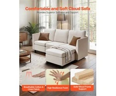 Modulinė sekcijinė sofa svetainei ir miegamajam, su paslėpta dėtuve ir aukšto atšokimo kempine, 3 vietų minkštas kampas, balkšva sofa su pufu