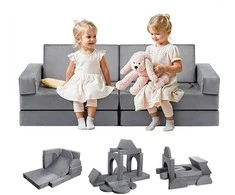 Modulinė vaikiška žaidimų sofa, sekcijinė mažylio sofa, kūrybinis derinys žaidimų kambariui, pilki vaikiški baldai, 14 dalių sofos komplektas
