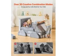 Modulinė vaikiška žaidimų sofa, sekcijinė mažylio sofa, kūrybinis derinys žaidimų kambariui, pilki vaikiški baldai, 14 dalių sofos komplektas