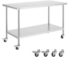 Nerūdijančio plieno darbo stalas 76.2 x 152.4 cm (30 x 60 colių), reguliuojamo aukščio, su 4 ratukais, komercinis maisto ruošimo stalas, virtuvės darbastalis, nerūdijančio plieno stalviršis
