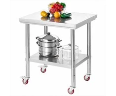 Nerūdijančio plieno maisto ruošimo stalas su ratukais ir reguliuojama lentyna komercinei virtuvei, restoranui, garažui, metalinis pramoninis darbo stalas 760x600x850 mm