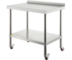 Nerūdijančio plieno paruošimo stalas virtuvei restoranui, 76,2 x 61 x 89 cm, tvirtas metalinis darbo stalas su užpakaline sienele, reguliuojama apatine lentyna ir ratukais, komercinė darbo vieta