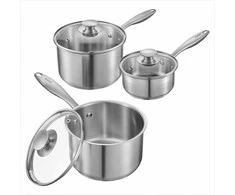 Nerūdijančio plieno prikaistuvių rinkinys su stikliniais dangčiais ir ergonomiška rankena, be dangos, saugus orkaitėje ir indaplovėje, tinkamas indukcijai, 0.95L 1.9L 2.85L universalūs puodai, virtuvės indai