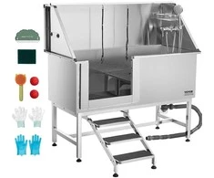 Nerūdijančio plieno šunų maudymo vonia su laiptais ir vandens filtru, 150 cm, profesionali gyvūnų plovimo stotis, šunų prausykla, augintinių vonia