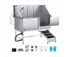 Nerūdijančio plieno šunų plovimo vonia 150 cm su rampa ir vandens filtru, reguliuojamos kojelės, dešinės pusės durys, profesionali įranga visų dydžių augintiniams