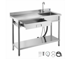 Nerūdijančio plieno ūkinė plautuvė garažui, restoranui, skalbyklai, mobili su vienu dubeniu, stalčiumi ir maišytuvu, komercinė virtuvės kriauklė, lauko praustuvas